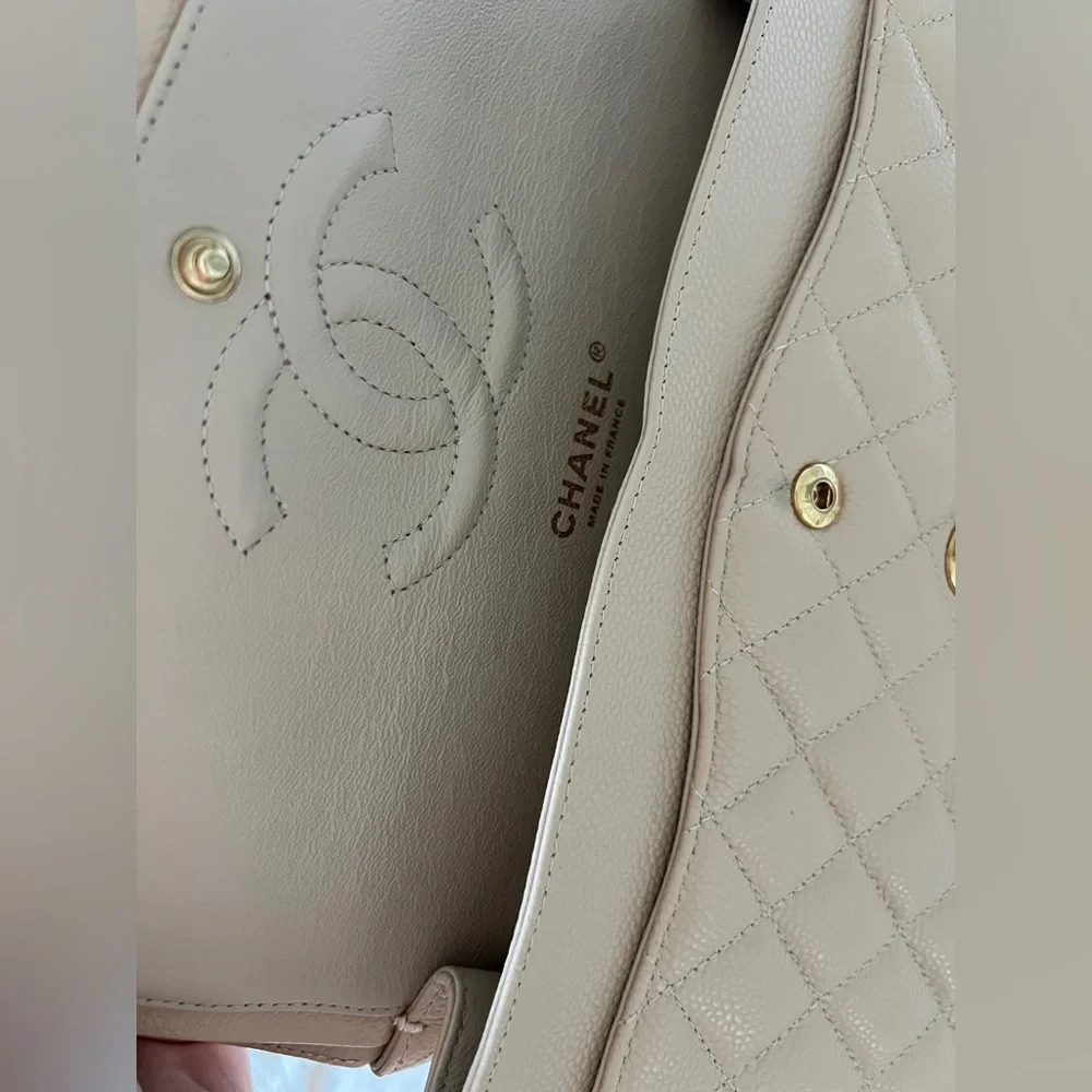 CHANEL Caviar Quilted Medium Double Flap Beige with golden hardware